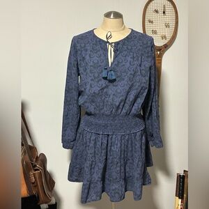 Stylish Blue Patterned La Plage Boho Mini Dress with Tassels, XL